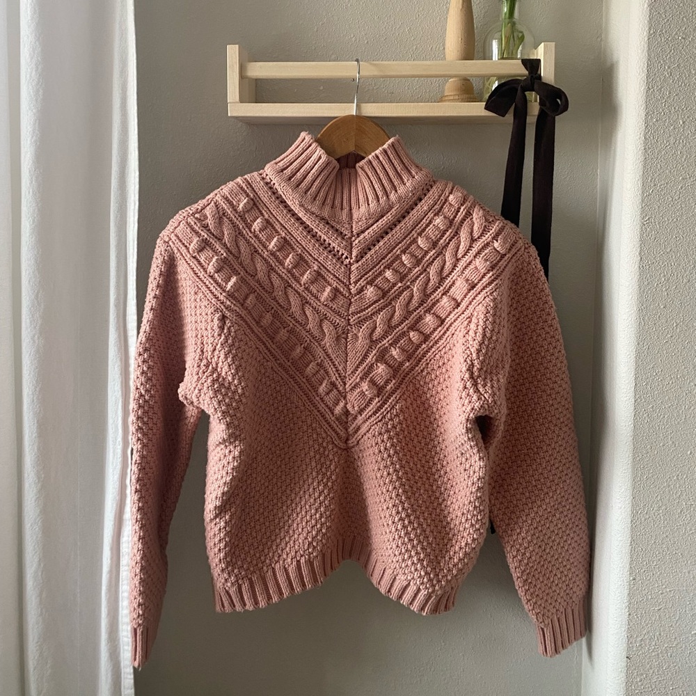 Pink Cable-Knit Mock Neck Sweater